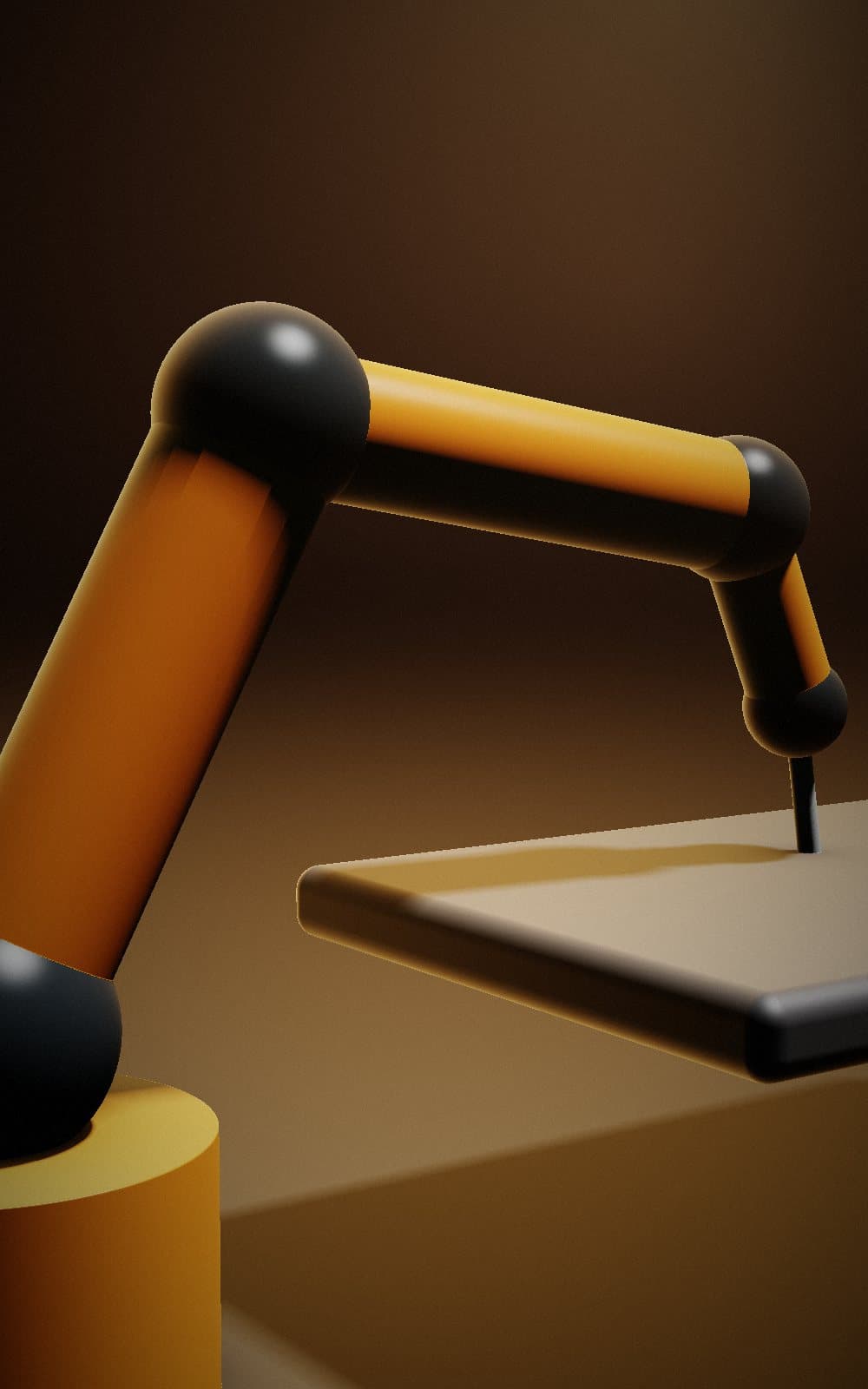 An orange industrial robot arm at work