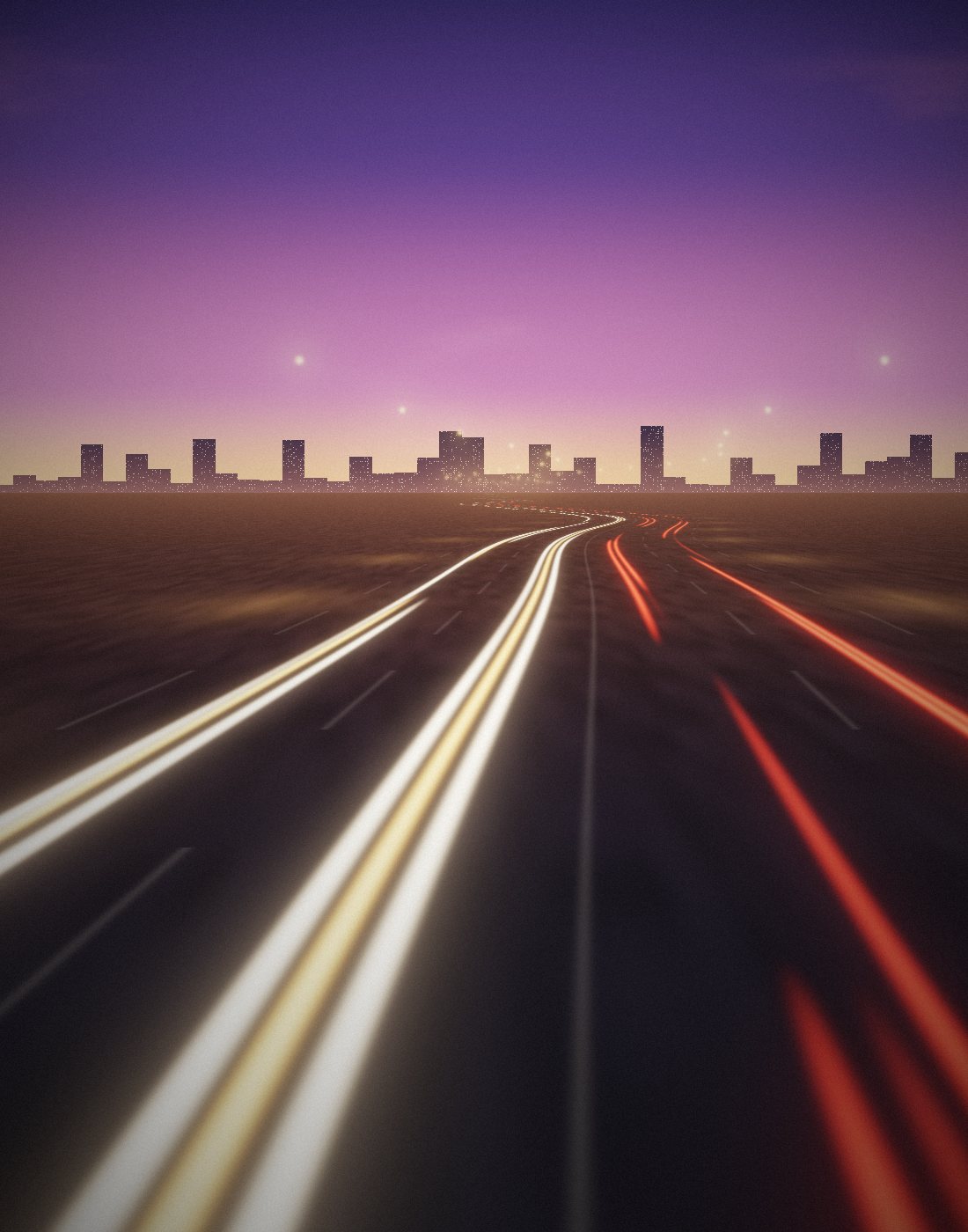 A city skyline at dusk with light trails